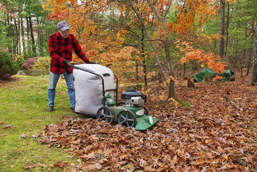 A man using a leaf vacuum to clean up leaves