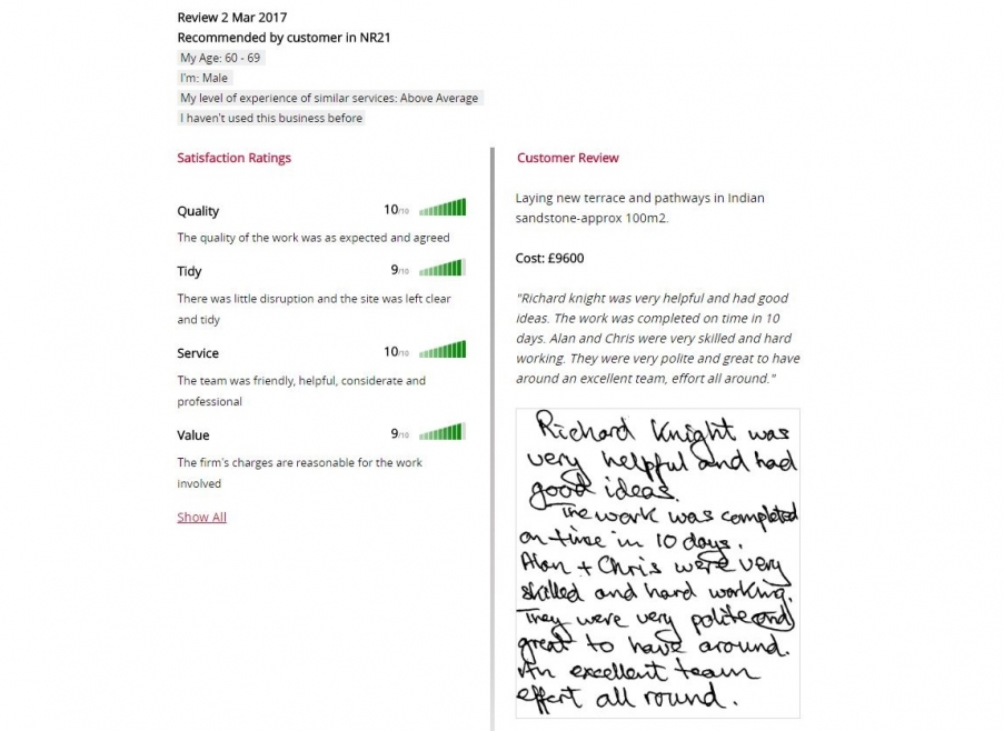 A customer review of Knights Paving & Landscaping on Referenceline